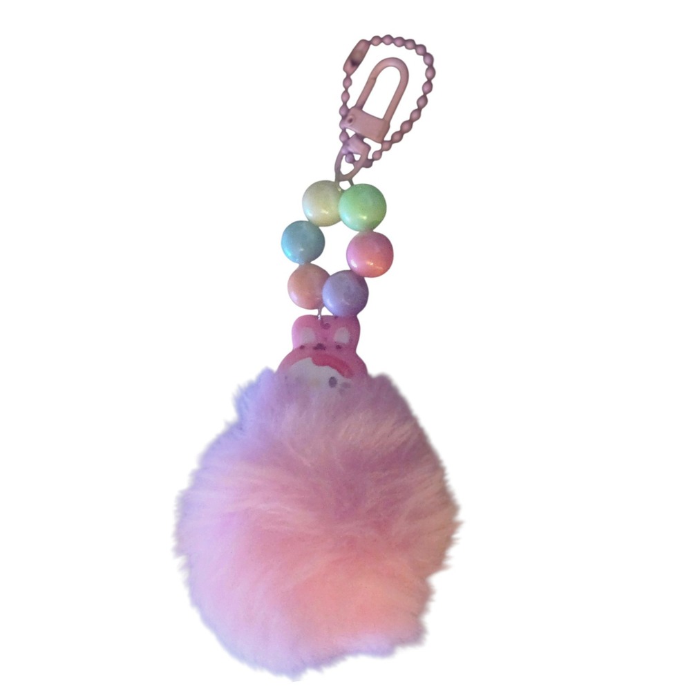 Pink Fluffy Pom‎ Hello Kitty Bunny Charm Rainbow Beads Keychain Bag Charm